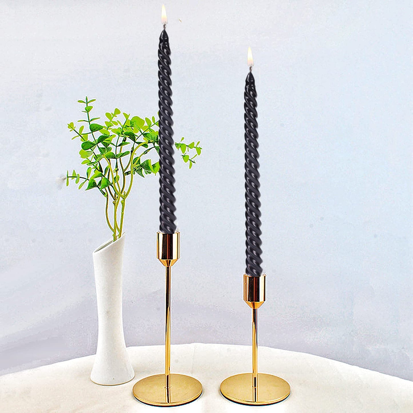 SEVEN LUCKY LIGHT 10 Inch Spiral Black Taper Candles Set of 4, Metallic Finish Dripless Candlesticks, 8+ hrs Smokeless Clean Burning for Halloween, Home, Dinner, Wedding & Church Decor