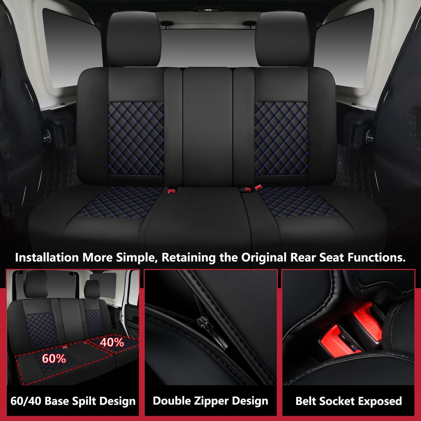 WENNFOUR Wrangler Seat Covers 2018-2026 Full Set, Waterproof Leather Interior Sets with Lumbar Support Custom Fit for Jeep Wrangler JL 4 Door Unlimited Sahara/Sport/Rubicon X 392 Willys, Black Blue
