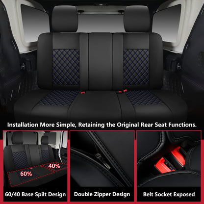 WENNFOUR Wrangler Seat Covers 2018-2026 Full Set, Waterproof Leather Interior Sets with Lumbar Support Custom Fit for Jeep Wrangler JL 4 Door Unlimited Sahara/Sport/Rubicon X 392 Willys, Black Blue