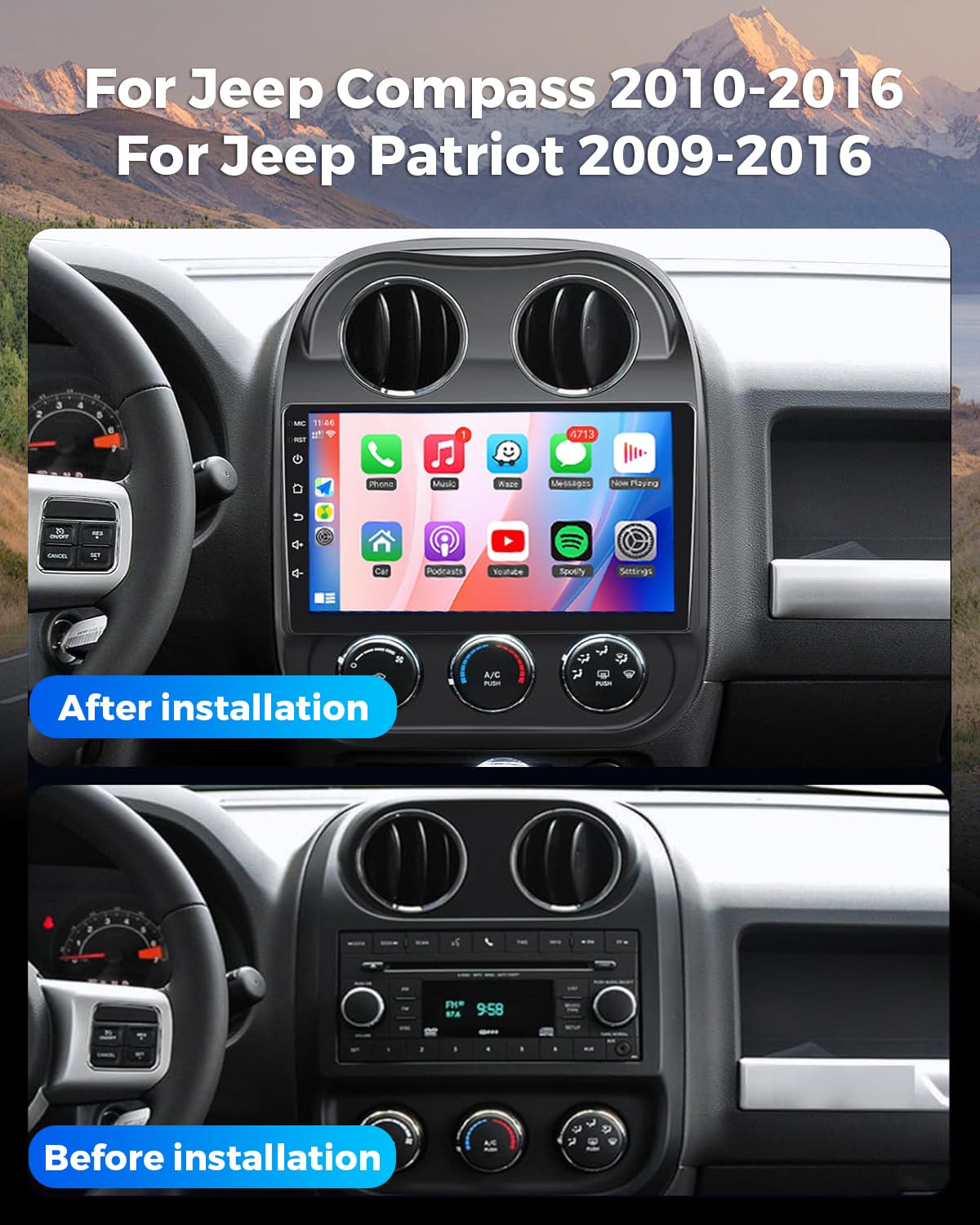5G-WiFi (4G+64G) Car Stereo Radio for Jeep Patriot Compass 2010-2016, 10 Inches IPS HD Touch Screen Car Radio Wireless CarPlay Android Auto, GPS FM/SWC Bluetooth Backup Camera