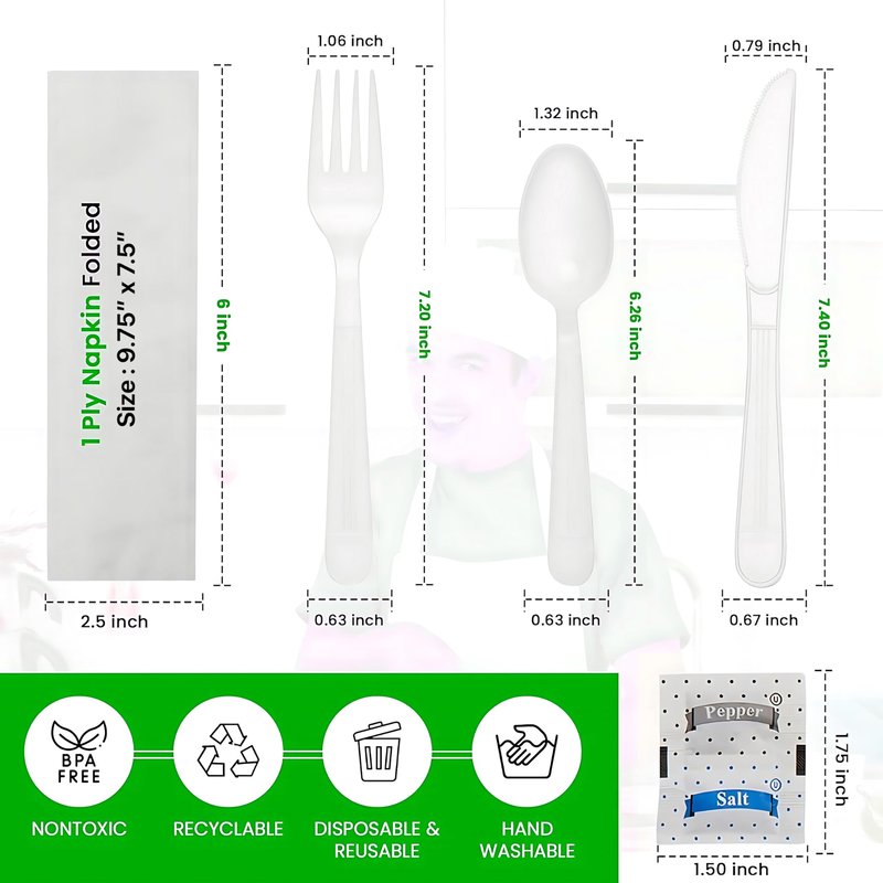 Pokanic Plastic Utensils x [125 Pack] Silverware Wrapped Combo Set Bulk Variety Pack Disposable Cutlery Party Supply Heavy Duty Forks, Spoons, Knives, Napkins, Salt Pepper (125 Pack, White - Set A)