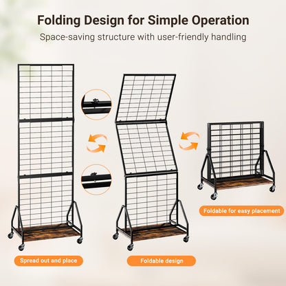 ELYKEN 2 Pack Foldable Grid Wall Panels 5.7' x 2' FT, Movable Wire Gridwall Display Rack with Wheels and Adjustable Foots, Retail Display Stand for Vendor with Storage (Rustic Brown)