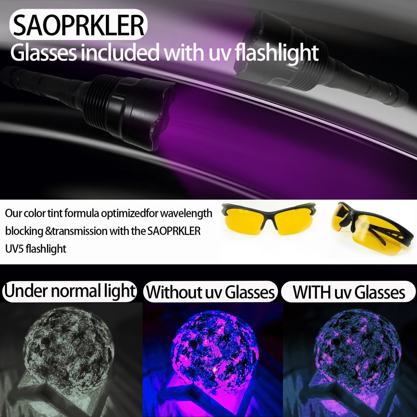 SAOPRKLER New UV Light Flashlight(365nm) High Power Upgraded UV Flashlight for Gem Identification, Scorpion Spotting, AC System Inspection and Rock Fluorescence