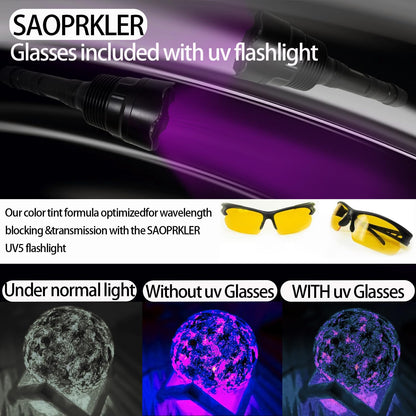SAOPRKLER New UV Light Flashlight(365nm) High Power Upgraded UV Flashlight for Gem Identification, Scorpion Spotting, AC System Inspection and Rock Fluorescence