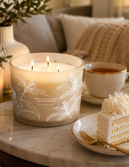 Vanilla Coconut Buttercream Candle | Large 3 Wick Scented Soy Candle for Home | 14.5oz Vanilla Coconut Aromatherapy Candle | Vanilla Cupcake Candle | Long Lasting Clean Burn | Gift for Women & Men