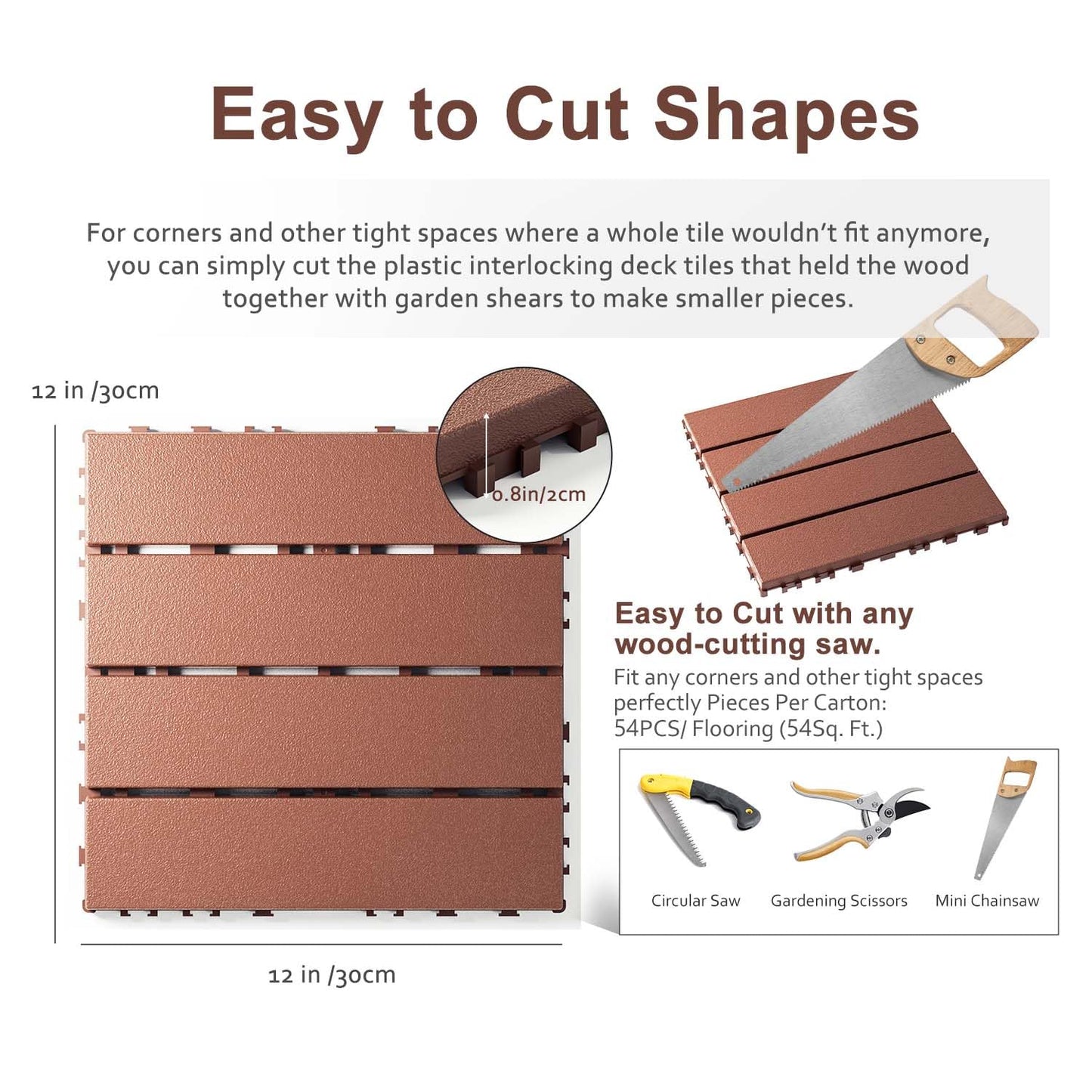 EchoDeck Interlocking Deck Tiles,54 Pack Deck Tiles Interlocking Outdoor All Weather,Patio Deck Tiles,12"x12",Woodgrain,Sturdy Base,Highly Durable,Stylish,Non-Slip,Faster-Drying,Efficient,Brown