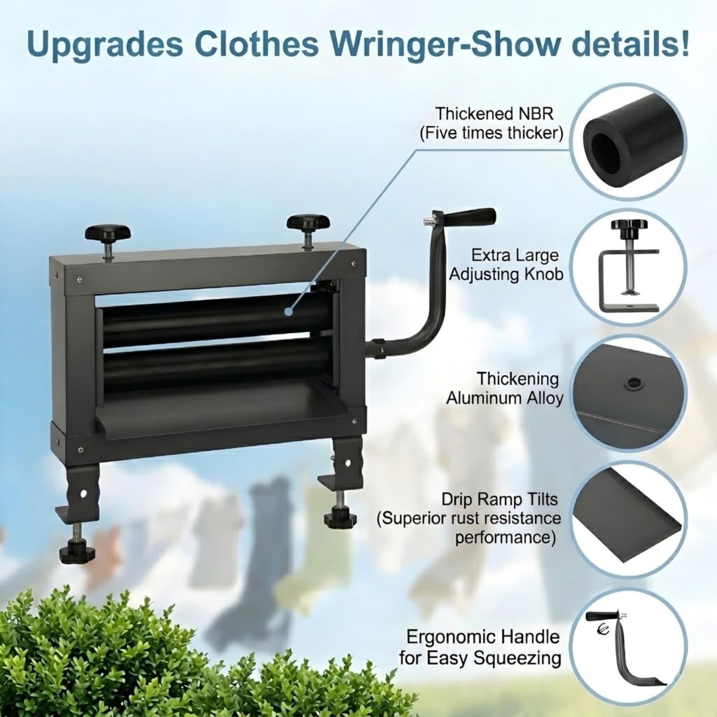 Upgraded Clothes Wringer – Adjustable Hand Crank Laundry Wringer, Heavy Duty Portable for Multi-Scene Use: Towels, Chamois, Off-Grid, RV Camping & Emergency, Dual Knob Design for Easier Operation