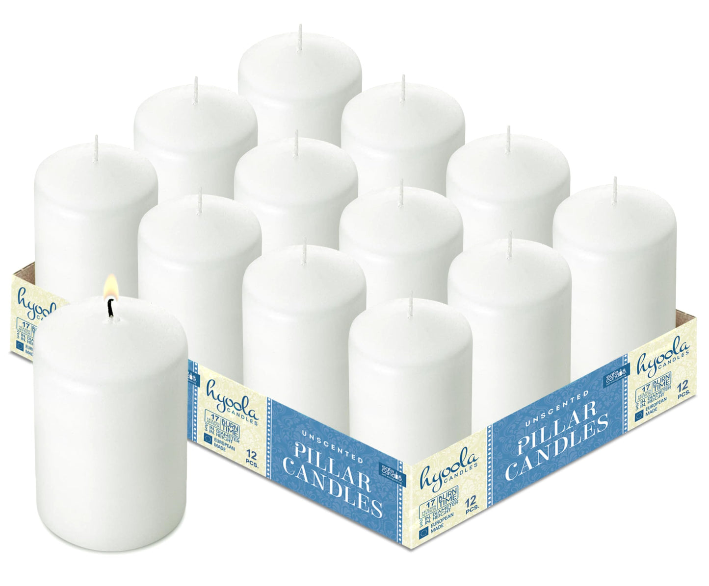 HYOOLA White Pillar Candles 2x4 Inch - 12 Pack Unscented Bulk Pillar Candles - European Made