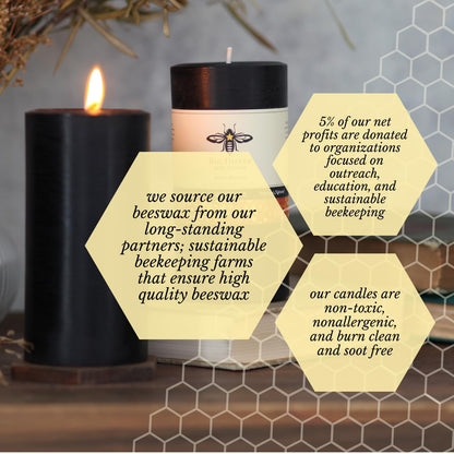 Big Dipper Wax Works Black Pillar Candle, 90-Hour Long Burn, Pure Beeswax Candle, 3" x 6”
