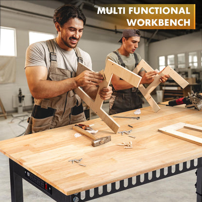 48" Height Adjustable Workbench, 2000 LBS Load Capacity Rubber Wood Top Workstation with Power Outlet and Foot Pads, Heavy-Duty Hardwood Worktable for Garage Workshop (with Foot Pads and Socket,48'')