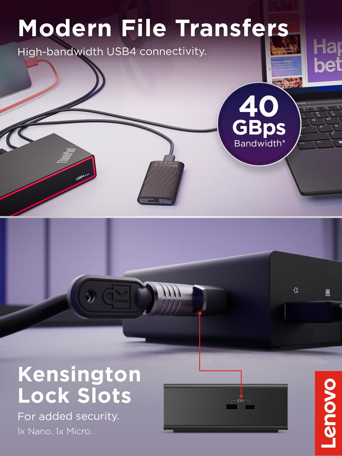 Lenovo ThinkPad USB 4 Smart Dock 5500 w/ 135W Adapter, Supports up to 4 Displays, 100W Power to Laptop, Integrated USB4 Cable, Eclipse Black