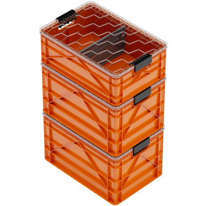 SIDIO CRATE Starter Pack - Two Full Size and One Half Size SidioCrate, Stackable Outdoor Organizer Storage Bins with Clear Lid and Dividers - Orange