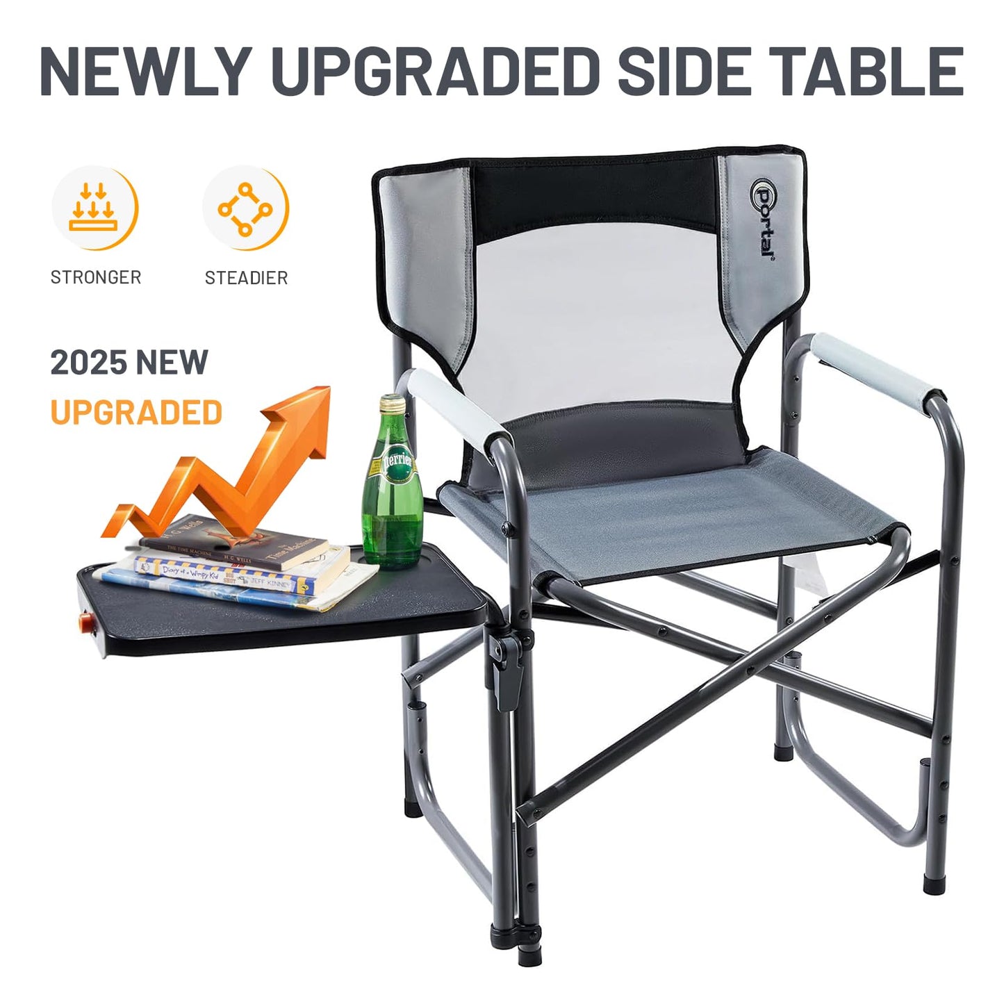 Portal Folding Director Chair with 2-Way Rotating Side Table, Heavy Duty 300 lb Camping Chair with Swivel Tray & Cup Holder, Ergonomic Mesh Back Portable Outdoor Seat for RV, Tailgating & Lawn, Grey