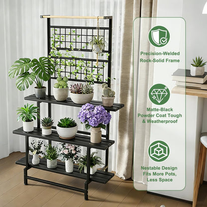 YOBAZAN 3-Tier Metal Plant Stand with Hanging Shelf – Heavy Duty, Waterproof Indoor & Outdoor Flower Rack for Multiple Pots, Balcony, Garden, Living Room – Black