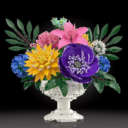Botanicals Flower Bouquet Building Block Sets Includes Hydrangea Dahlia Azalea Artificial Flowers Arrangement With Vase Valentine's Day Gift For Her Women Girls Floral Table Centerpiece