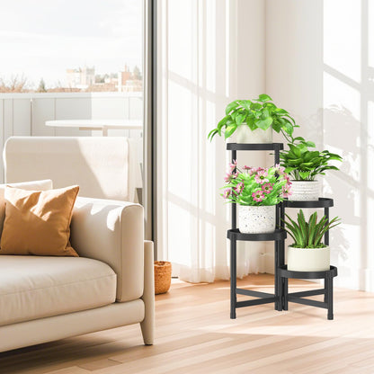 iDavosic.ly 4 Tier Folding Plant Stand Indoor Outdoor with Plastic Tray, Tiered Corner Flower Holder Shelf, Metal Orchid Display Rack for Patio Porch Living Room Garden Balcony, Modern Black