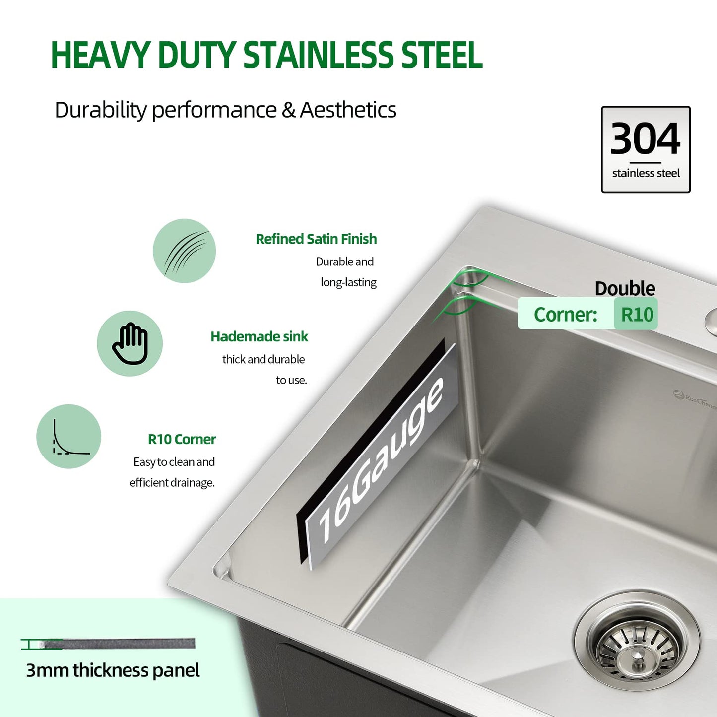 EcoChannels Kitchen Sink, 21 x 20 x 10 Drop in Kitchen Sink 16 Gauge Stainless Steel Kitchen Sinks Single Bowl Workstation Sink with Cutting Board