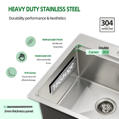 EcoChannels Kitchen Sink, 21 x 20 x 10 Drop in Kitchen Sink 16 Gauge Stainless Steel Kitchen Sinks Single Bowl Workstation Sink with Cutting Board