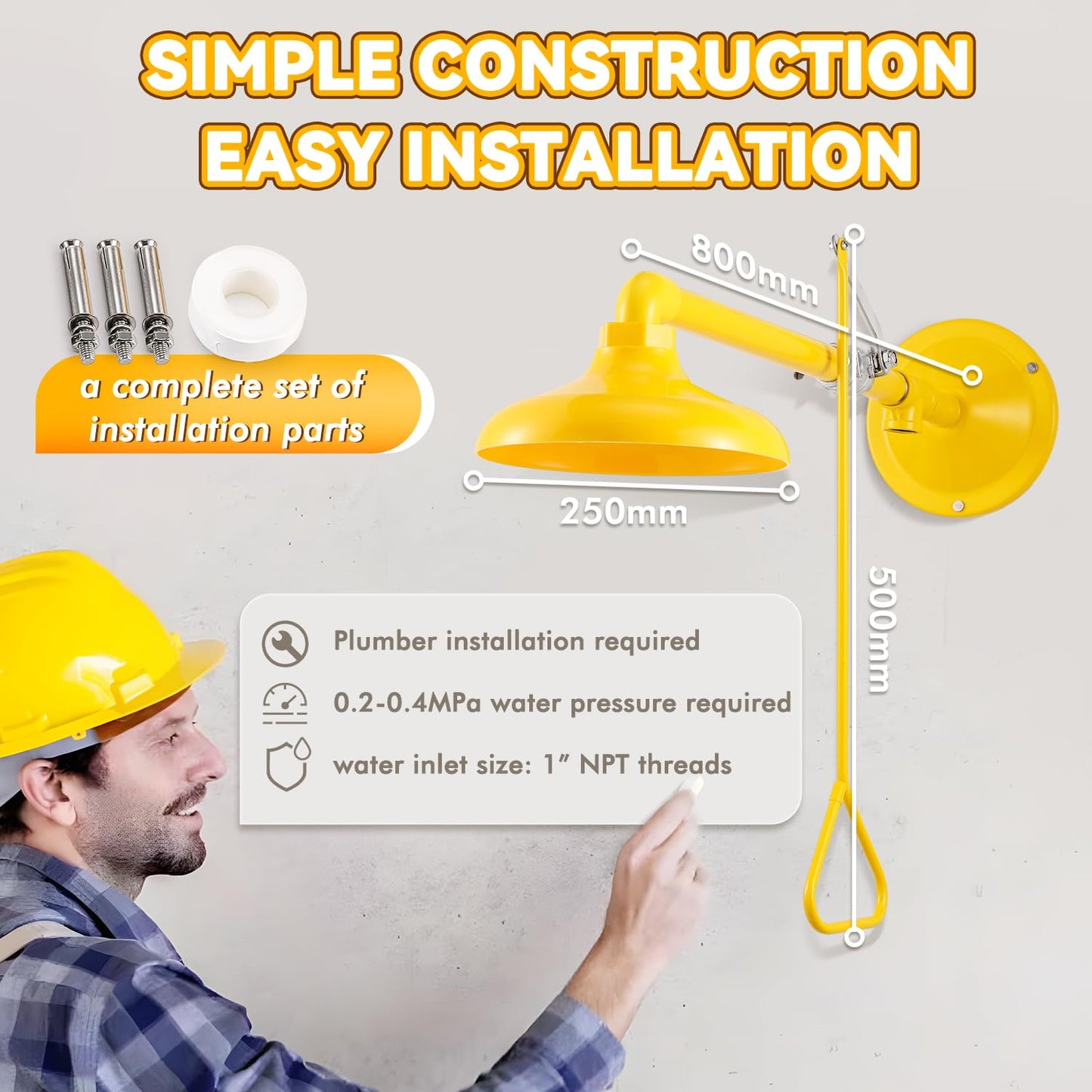 CGOLDENWALL Emergency Shower Safety Shower Station Horizontal Mount Drench Head, 1" NPT Thread, 304 Stainless Steel+ABS Shower Head