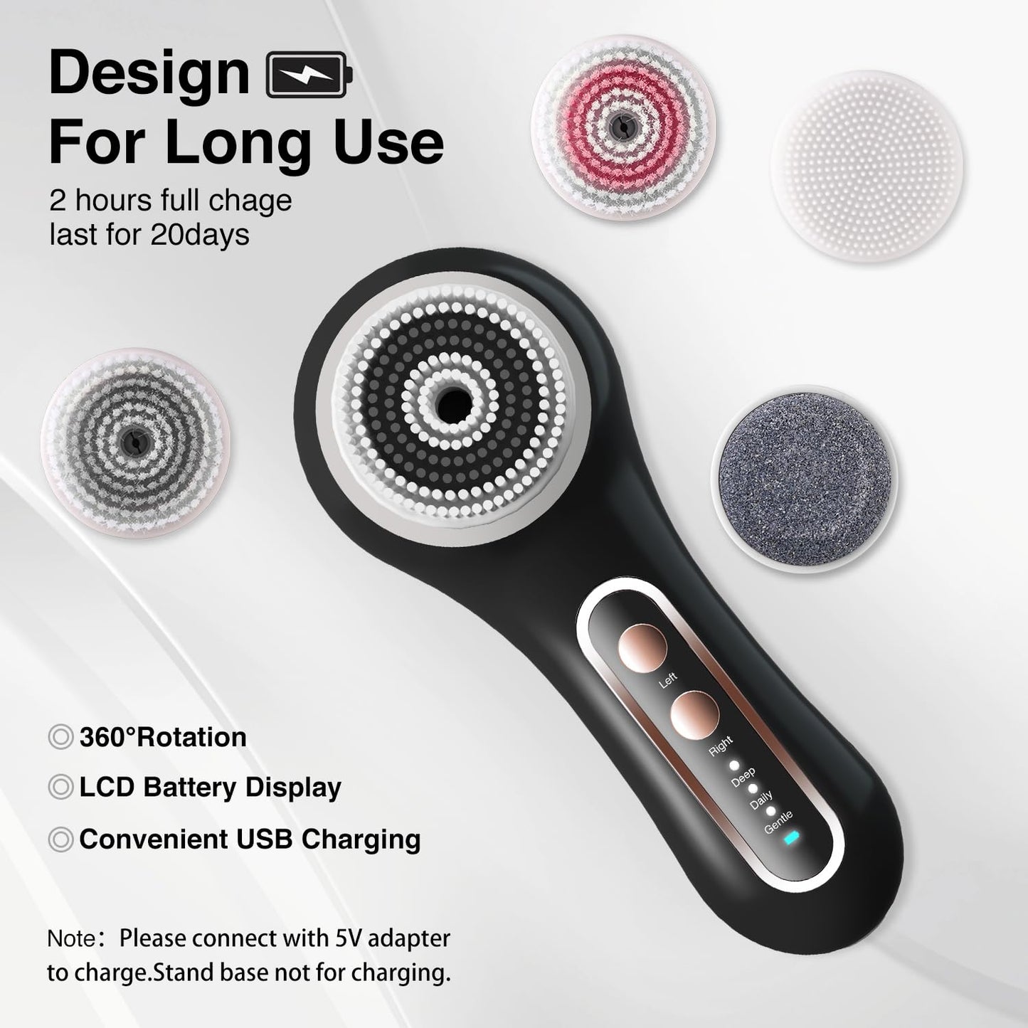 Face Scrubber Exfoliator,Facial Cleansing Brush Rechargeable IPX7 Waterproof with 5 Brush Heads,Electric Face Spin Brush for Exfoliating, Massaging and Deep Cleansing