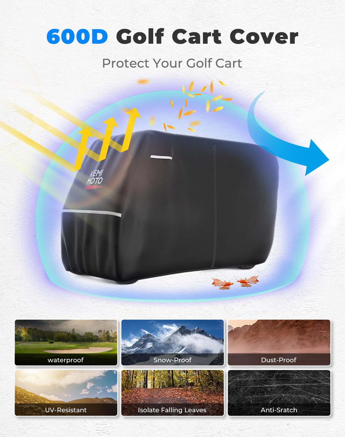 KEMIMOTO 600D Waterproof Golf Cart Cover, Universal Heavy Duty Large 6-Seater Golf Cart Rain Cover with Storage Bag Compatible with EZGO Club Car 6/4+2 Passenger, Black