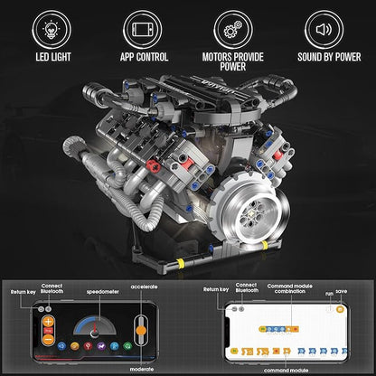 HIGH GODO V8 Engine Kit That Work Visible Car Engine Model Kit with Motor and Lights Build Your Own Car Engine Kit with App Control Kit STEM Project for Teens Adults 14+ (715 PCS)