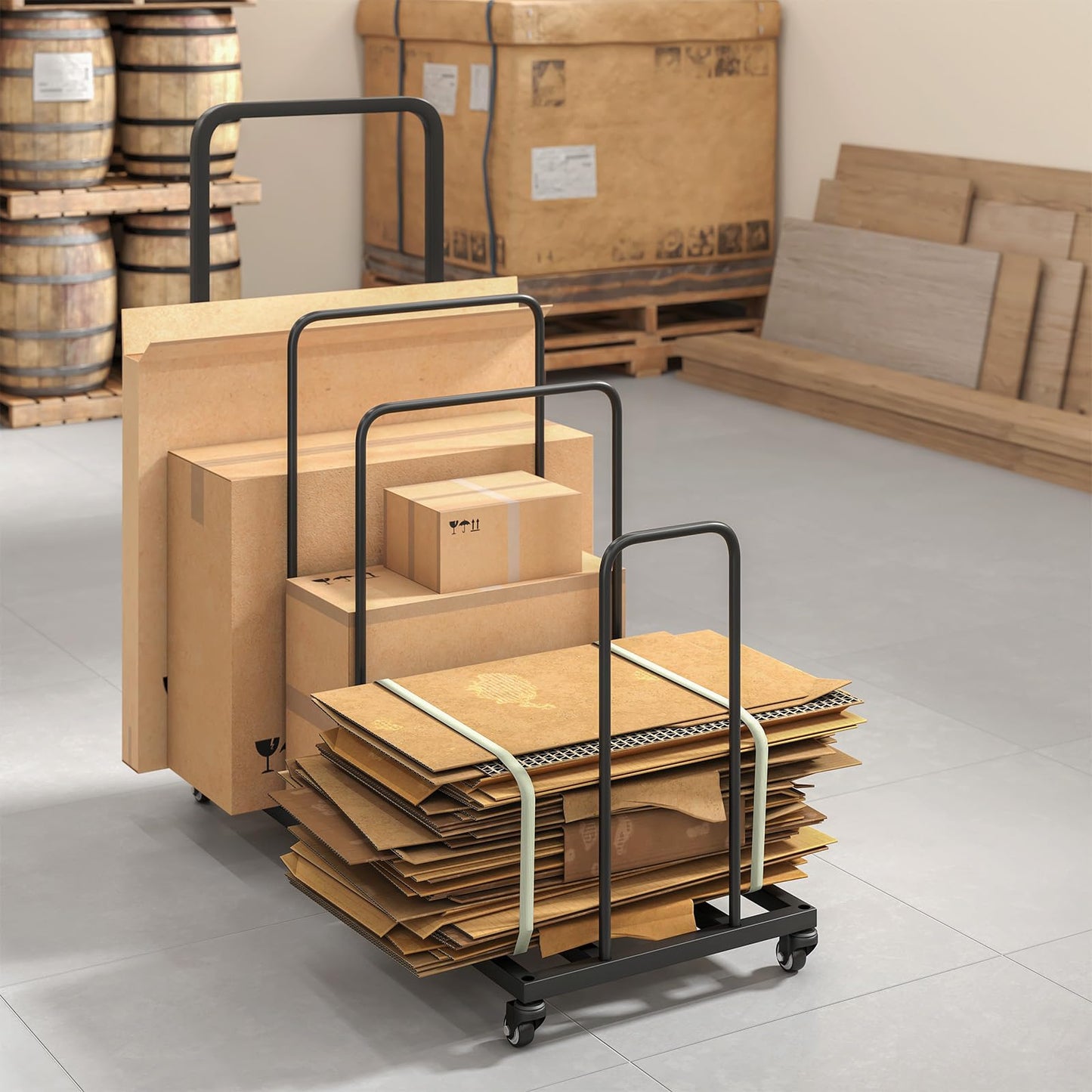 WYJREES Cardboard Box Organizer, Metal Carton Cart Stand, Ajustable Carton Storage Rack with Wheels and Handle, Carton Box Organizer for Home Warehouse