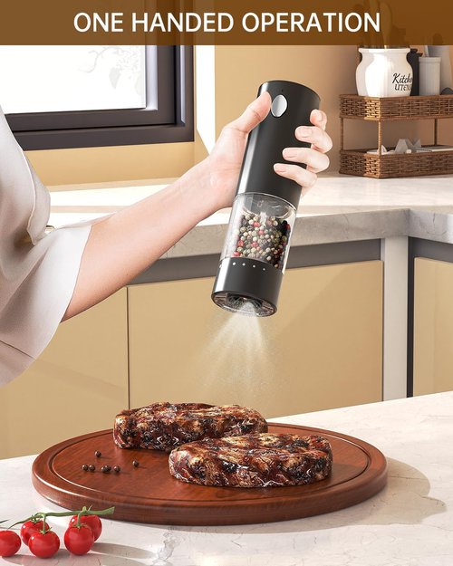 CIRCLE JOY Electric Salt and Pepper Grinder Set - Rechargeable Mills with 6-Level Coarseness & LED Light | Black & White