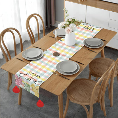 Niviy Buffalo Plaid Rabbit Bunny Happy Easter Table Runner, Easter Decorations, 13x72 Inch Check Stripes Kitchen Table Decor, Spring Kitchen Dining Table Decoration for Home Party Decor