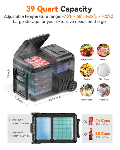 WOLFBOX 12V Car Refrigerator, 39 Quart Dual Zone Car Fridge, Portable Freezer(-8℉~68℉) with 12/24V DC 100/240V AC, APP Control Electric Cooler for Car, RV, Camping, Travel and Home Use