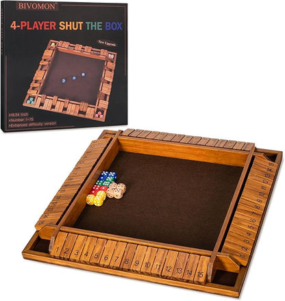 Upgraded 16.54’’ Shut The Box Dice Game with 15 Numbers for 1-4 Players Large Wooden Board Math Game 16 Dices Tabletop Games Kids Adults Family Party Birthday