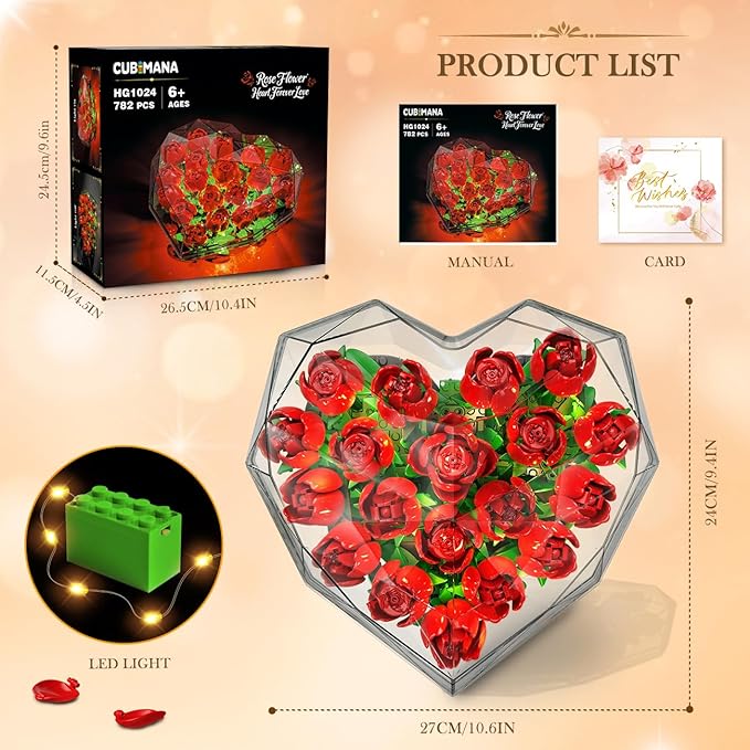 Flower Bouquet Building Set with LED Lights - 19 Rose Red Botanical Collection Block Toy with Heart Shaped Cover for Adult Her Lover Wife Women Girls 8-12+