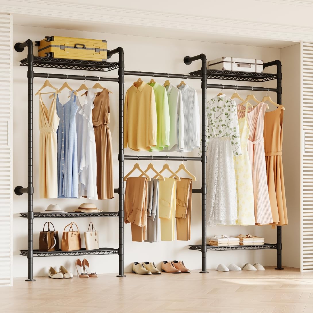 Higeego W3 Industrial Pipe Clothing Rack, Wall Mounted Clothes Rack Closet Wardrobe System with Expandable Hanger Rods Adjustable Storage Shelves, Heavy Duty Corner Walk-in Closet System, Black