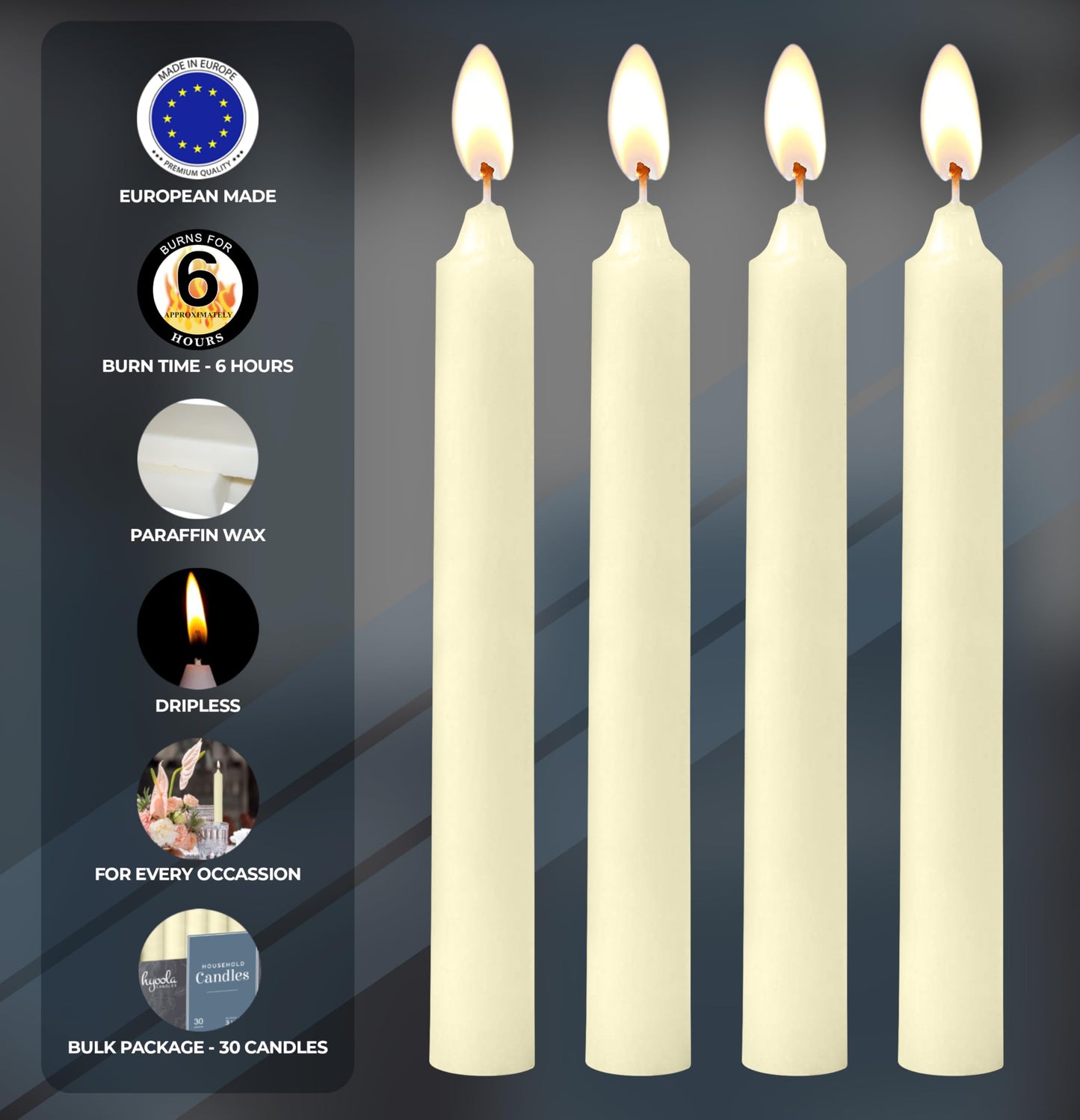 Hyoola Taper Candles - 7 Inch Ivory Dripless, Unscented Dinner Candle - 30 Pack European Made Candles 6 Hour Burn Time