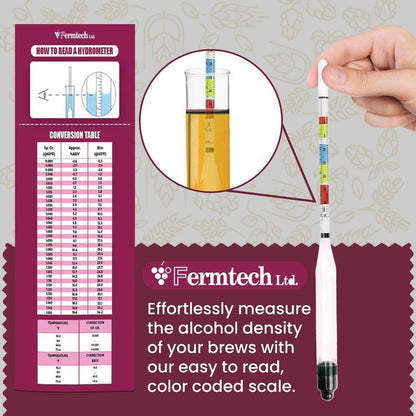 Fermtech Glass Triple Scale Hydrometer Kit – Test ABV, Brix, Gravity for Wine, Beer, Mead & Kombucha, with Microfiber Cloth & Storage Case, Easy Home Brewing Tool for All Experience Levels (Hydro)