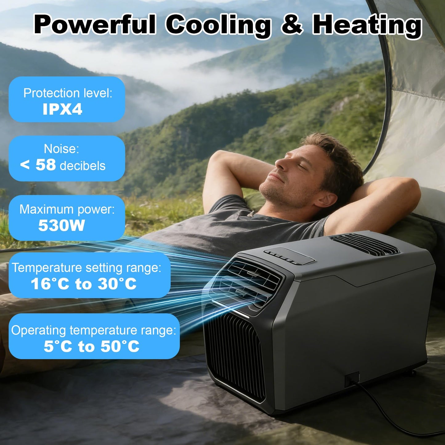 8,000 BTU Portable Camping Air Conditioners & Heater, 5-in-1 Cooling, Heating, Fan, Dehumidifier, Sleep Mode, 550W Portable Tent Air Conditioner for Camping, RV, Truck, Small Room, Indoor/Outdoor Use