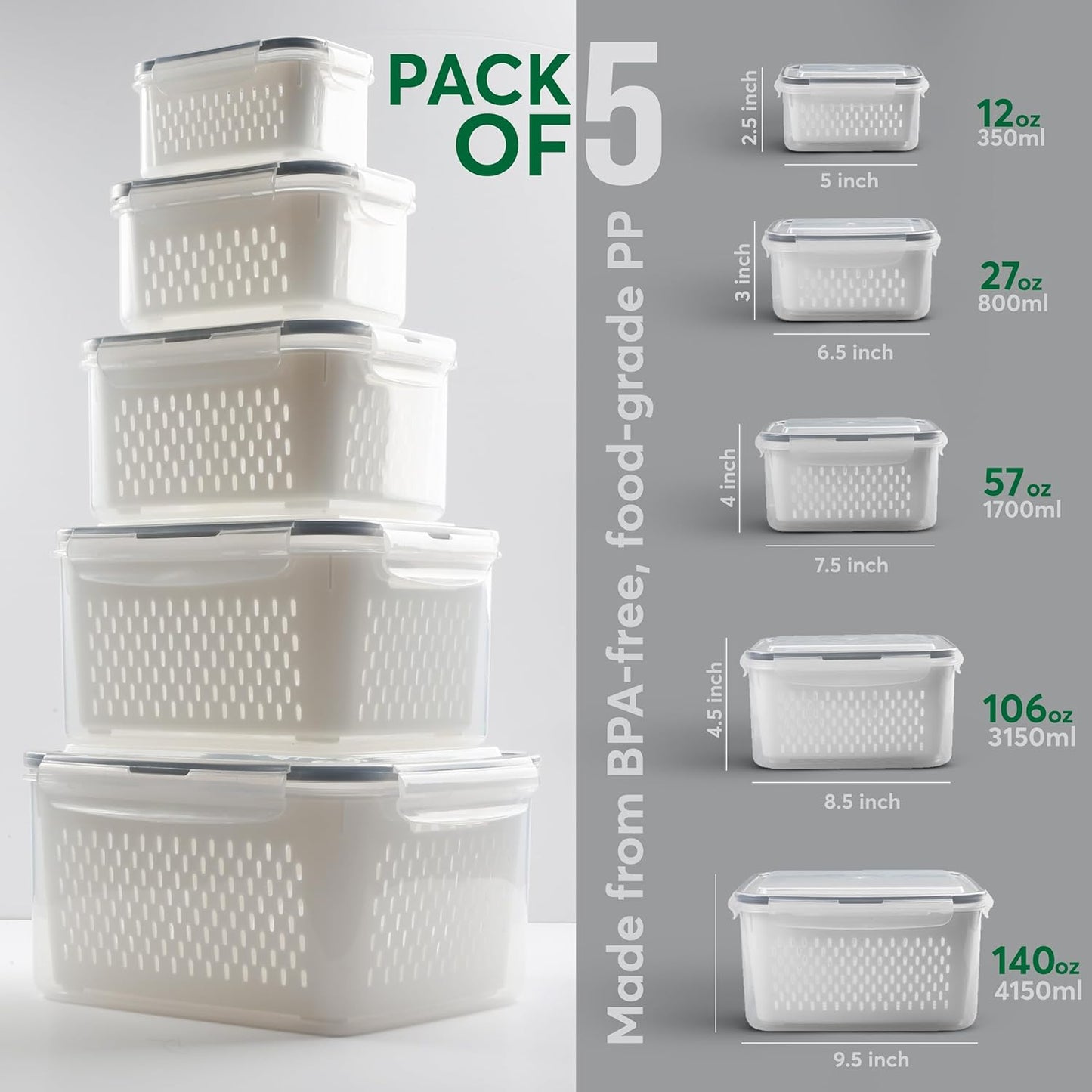 Skiennix Fruit Storage Containers - 5 Set BPA-Free Plastic with Colanders | Dishwasher Safe & Leakproof