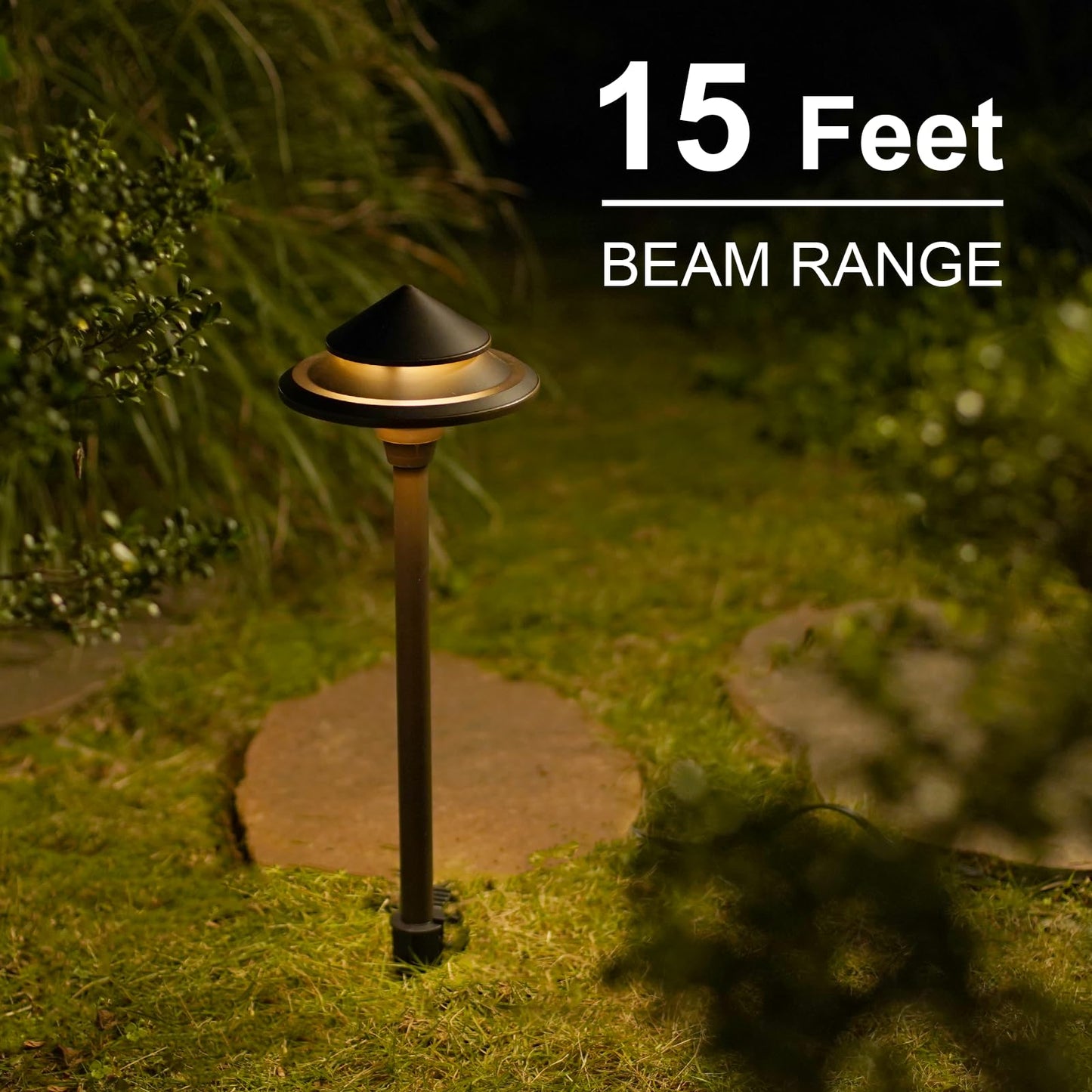 GOODSMANN Low Voltage Landscape Lighting 4PK LED Path Lights Oil Rubbed Bronze 4W 32 Lumen Hardwired 2 Tier Pagoda Landscape Pathway Lights 3000K Warm White Metal Stakes Cable Connectors