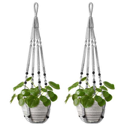 Mkono Macrame Plant Hanger Indoor Hanging Planter Basket with Wood Beads Decorative Flower Pot Holder No Tassels for Indoor Outdoor Boho Home Decor 35 Inch, Grey, Set of 2 (POTS NOT Included)