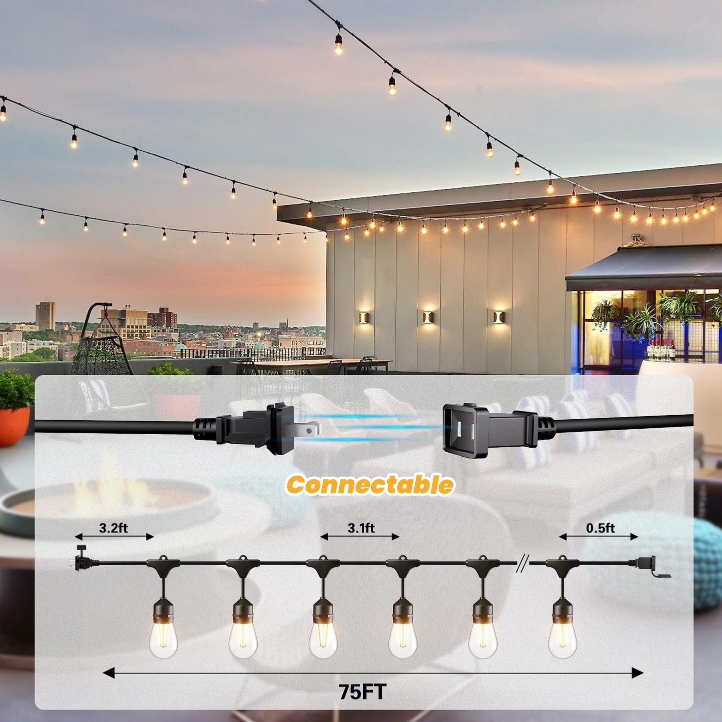 Svater 75 FT Outdoor String Lights 2W + 120 FT ST38 Patio String Lights