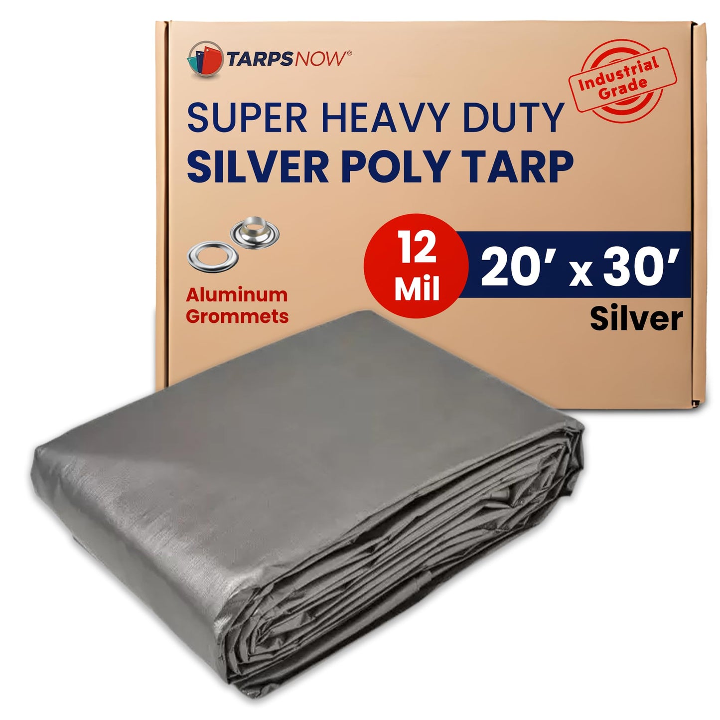 Tarps Now 20x30 ft Heavy Duty Plastic Tarp (Poly Tarp)|12 MIL Waterproof Cover|Rip & Tear-Resistant|Rustproof Grommets & Reinforced Edges|Ideal for Roof, Camping, Tent & Outdoor Protection - Silver