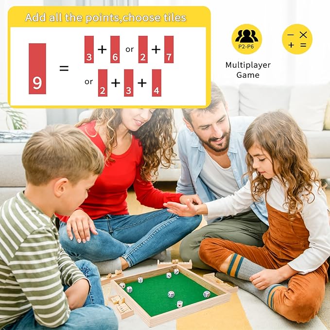 Upgraded 1-6 Players Shut The Box Dice Game with 12 Dice Wooden Classic Board Games Traditional Table Math Game Tabletop Math Dice Game for Pub Bar Home Classroom Party