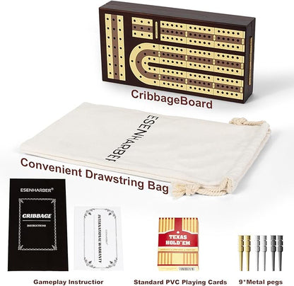 Foldable Wooden Cribbage Board Set - Elegant 3-Track Design with Magnetic Closure 9 Metal Pegs Full Deck of Cards Perfect for Family Game Nights and Travel