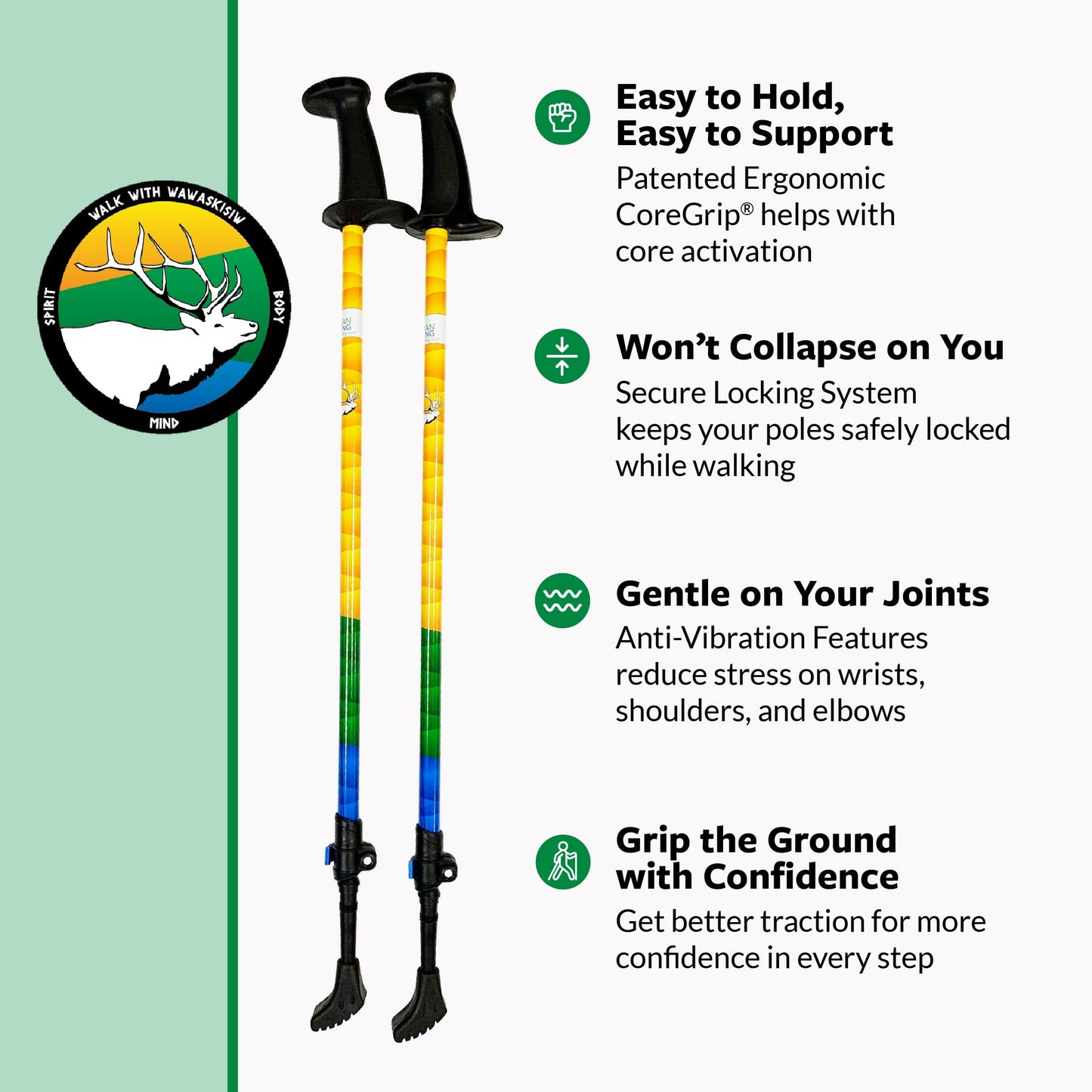 Urban Poling Spirit Nordic Walking Poles Adjustable Walking Poles with Snow Baskets, Ergonomic CoreGrip, Lightweight Collapsible Walking Sticks for Outdoor Walking and Fitness