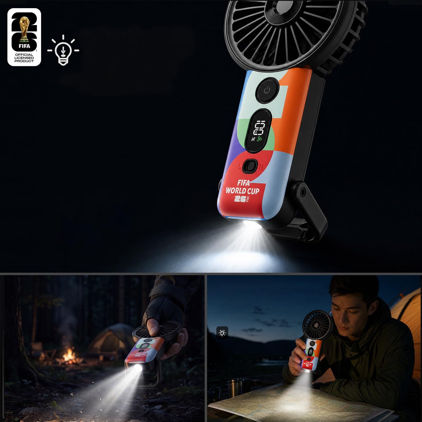 Covbozk FIFA World Cup 2026 Licensed 5-Gear Wind Handheld Turbo Fan and 3-in-1 Wireless Earbuds Flashlight for Outdoor Travel
