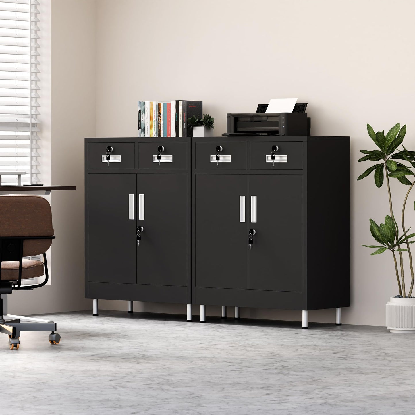 JINGUR Metal Storage Cabinet with Locking Doors and 2 Drawers, Lockable Storage Cabinet with Adjustable Shelf for Home Office Garage Entryway Pantry (Black)