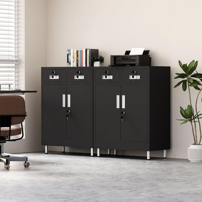 JINGUR Metal Storage Cabinet with Locking Doors and 2 Drawers, Lockable Storage Cabinet with Adjustable Shelf for Home Office Garage Entryway Pantry (Black)