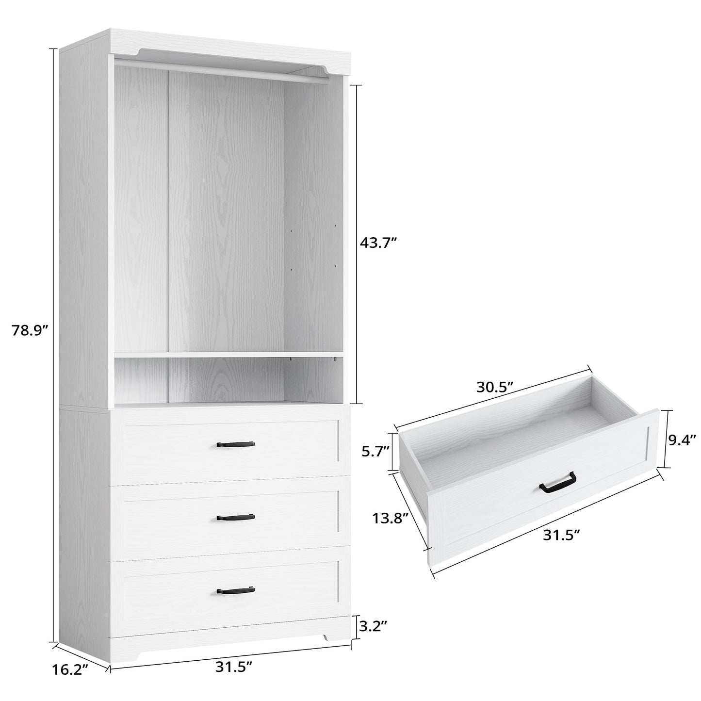 IRONCK Freestanding Closet System with 3 Wood Drawers, Modern Armoire Wardrobe with Adjustable Shelves & Hanging Rod, Walk-in Closet Systems Organizer for Small Closet, 31.5" White