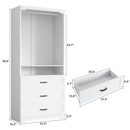 IRONCK Freestanding Closet System with 3 Wood Drawers, Modern Armoire Wardrobe with Adjustable Shelves & Hanging Rod, Walk-in Closet Systems Organizer for Small Closet, 31.5" White