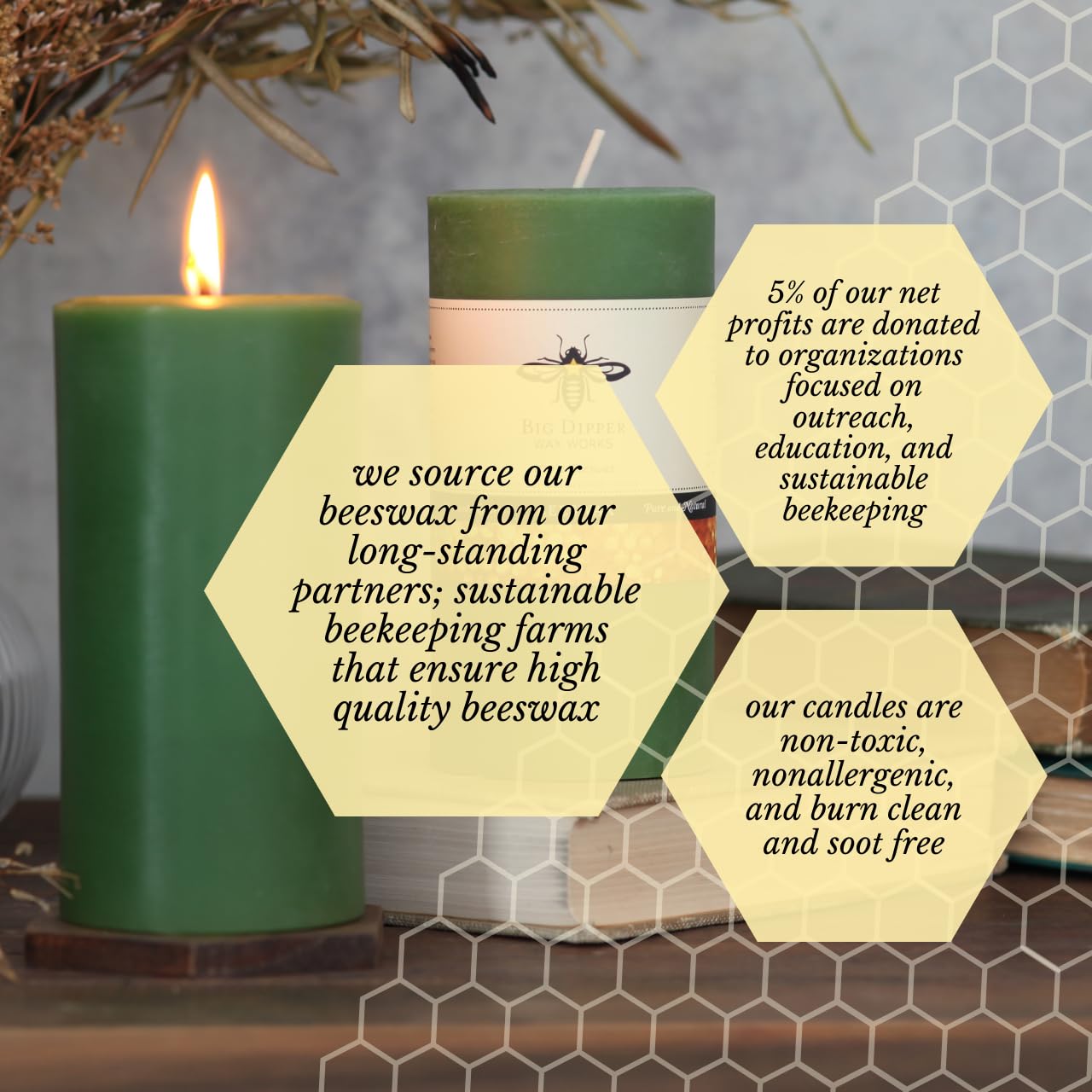 Big Dipper Wax Works Moss Green Pillar Candle, 90-Hour Long Burn, Pure Beeswax Candle, 3" x 6”